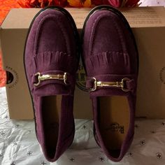 Get Ready For Fall With These Hot Purple Loafers Crafted From Desert Oasis Suede A Premium , Fine Grain Leather From The C. F. Stead Tannery In Leeds Finished With A Golden Snaffle Desert Oasis Suede Is Made In England With A Pronounced Nap For A Premium Look And Feel Purple Leather Slip-on Loafers, Elegant Purple Slip-on Loafers, Purple Loafers, Martens Loafers, Dr Martens Loafers, Get Ready For Fall, Desert Oasis, Ready For Fall, Leeds