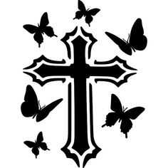 a cross with butterflies flying around it