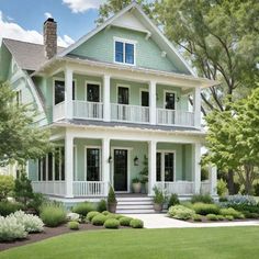 a large green house with white trim and windows