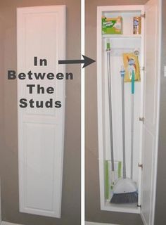 two pictures showing how to open the closet door with brooms and cleaning products in it