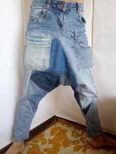 Denim unisex harem pants from recycled jeans Trend 2019 Denim Waist Bag, Jeans Patches, Deconstructed Denim, Upcycling Jeans, Jeans Trend, Denim Backpack, Recycled Jeans, Recycle Jeans