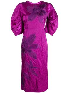 Purple Short Sleeve Midi Dress For Evening, Purple Silk Dresses With Floral Embroidery, Elegant Purple Dress With Gathered Sleeves, Purple Puff Sleeve Evening Dress, Luxury Embroidered Purple Dress, Zimmerman Dress Purple, Purple Floral Print A-line Midi Dress, Erdem Blue Dress, Luxury Purple V-neck Midi Dress