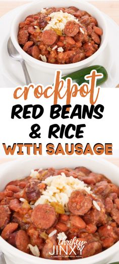 crockpot red beans and rice with sausage in a white bowl on a wooden table