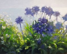 an oil painting of blue flowers and green leaves in a garden with sky in the background