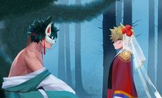 two anime characters standing in the woods looking at each other