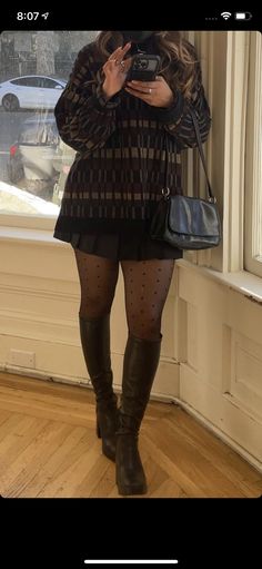 Tall Boots With Dress Winter, Black Snakeskin Boots Outfit, Fall Outfits With Stockings Tights, Calf Boots Outfit Fall, Fall Outfits Tall Boots, Black Tennis Skirt Outfit Fall, Outfits With Brown Knee High Boots, Fall Outfits With Tall Boots, Fall Tall Boots Outfit