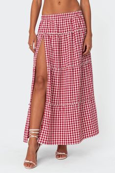 Maxi skirt Tiered design Elastic waistband Gingham pattern Polyester Model wears size S Model height is 5'8 Item care: Wash with similar color Plaid Print Skirt, Skirts Flowy, Tiered Maxi Skirt, Swimwear Dress, Plaid Fashion, Vintage Plaid, Casual Skirts, Summer Skirts, Flowing Maxi Dress