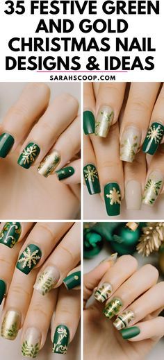 Christmas Nails Dark Green And Gold, Green And Nude Christmas Nails, Gold And Nude Christmas Nails, Green Gold Ombre Nails, White Green Gold Nails, December Nails Green And Gold, Green Gold Nails Christmas, Green And Gold Nails Square, Christmas Nails In Green