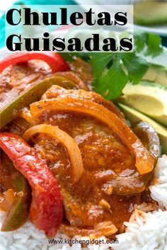 a plate with rice and peppers on it, next to cucumbers and avocado