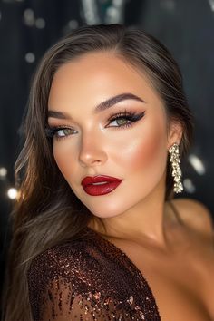 A red carpet makeup look featuring glossy red lips and striking eye makeup is the epitome of glamour. Brown Eye Makeup With Red Lips, Makeup Looks Bold Lip, Red Lip Winged Liner, Gold Eyes Red Lips, Makeup Ideas For Red Dress, Red Carpet Makeup Looks, Prom Makeup Lips, Glossy Red Lips, Subtle Eye Makeup