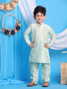 Vastramay Boys' Mint Green Viscose Kurta and Pyjama Set Festive Pista Green Pant Set For Eid, Traditional Full Length Sets For Diwali, Festive Green Full-length Sets, Pista Green Long Sleeve Sets For Diwali, Traditional Full Length Sets For Festivals, Traditional Full-length Festival Sets, Festive Pista Green Long Sleeve Set, Pista Green Sets With Dabka For Transitional Season, Kurta For Boys