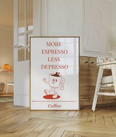 a coffee advertisement is displayed on the wall next to a chair and stool in a living room