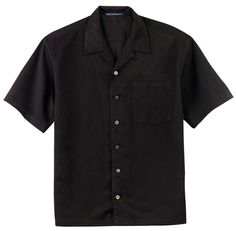 This classic camp shirt is perfect for upscale service environments. Made from no-fuss fabric, this shirt has faux- coconut shell buttons and thanks to a soil-release finish, it's designed to keep its great looks wear after wear. 75/25 poly/rayon with soil-release finish Open collar Patch pocket Side vents Open hem | Apparel | Polo Shirts | Custom Easy Comfort Short Sleeve Shirt in Black Size Medium | Cotton Retro Bowling, Black Button Down Shirt, Mens Fashion Simple, Port Authority, Shirts Black, Camp Shirt, Camping Shirt, Knit Shirt, Wholesale Clothing