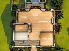 an aerial view of a house with the living room, dining room and bedroom labeled