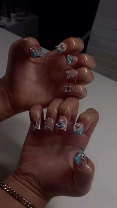 Girly Acrylic Nails Square, Short Nail Rhinestone Design, Butterfly Square Nails, Nails With Charms Short, Medium Junk Nails, Cute Natural Nail Designs, Nail With Charms, Birthday Nails Blue, Blue Butterfly Nails