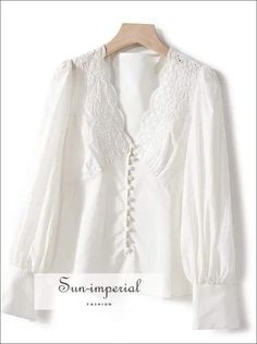 Women White Long Lantern Sleeve Embroidery Blouse with V-neck Lace and Buttons detail High Neck Lace Blouse, Imperial Fashion, Lace Blouses, Sleeve Embroidery, Women White Blouse, Cotton Clothing, Women Blouse, Embroidery Blouse, Style Office