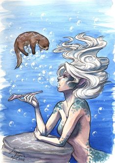 a drawing of a woman sitting in the water next to a sea lion and an otter