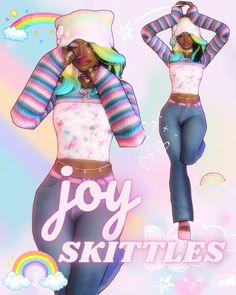 a digital painting of a woman with her hands behind her head and the words joy skittles on it