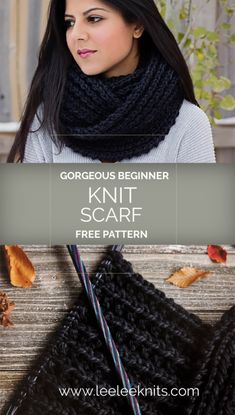 a woman wearing a knit scarf with text overlay that reads gorgeous beginner knit scarf free pattern