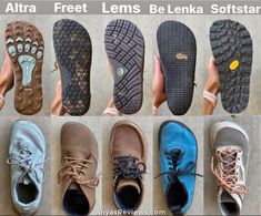 5 barefoot hiking boot brand collage showing top down and outsole view for Altra, Freet, Lems, Be Lenka, and Softstar Trail Shoes, Hiking Gear, Diy Shoes, Sneakers Men Fashion, Boots Shoes