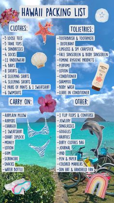 the hawaiian packing list is shown in this image with an ocean view and pink flowers