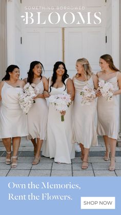 four bridesmaids standing in front of a white door with text overlaying the image