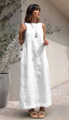 Linen Style Fashion, Casual Long Dress, Comfy Outfit, Chic Blouses, Long Dress Casual, Alternative Outfits, Casual Summer Dresses, White Summer, Linen Dress