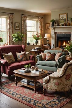 a living room with couches, chairs and a fire place in the fireplace area