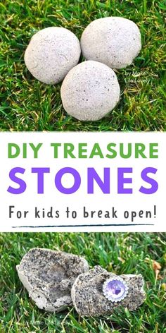 some rocks and grass with the words diy treasure stones for kids to break open