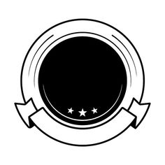 a black and white circle with three stars on the center, surrounded by two ribbons