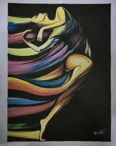 a painting of a woman's body with colorful flowing hair on black paper background