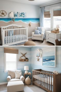 two pictures of a baby's room with blue and white walls