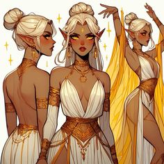 three women dressed in white and gold, one with her hands up to the side