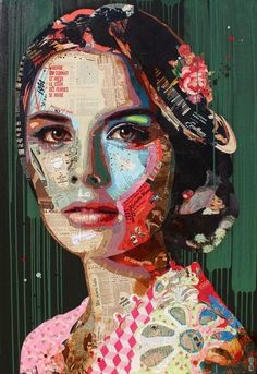 a woman's face is covered in collages