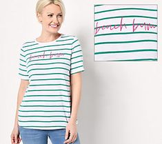 Nothing says summer like crisp cotton stripes...except crisp cotton stripes and a solstice-lovin' screen print! From Denim & Co.® Fashions. Summer Sayings, Knit Summer, Summer Quotes, Deep Teal, Textured Knit, Screen Print, Short Sleeves Tops, Screen Printing, Top Blouse