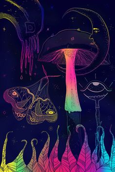 an image of colorful mushrooms and plants in the night sky