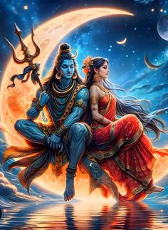 the hindu god and goddess sitting on top of a full moon with their hands in each other's pockets