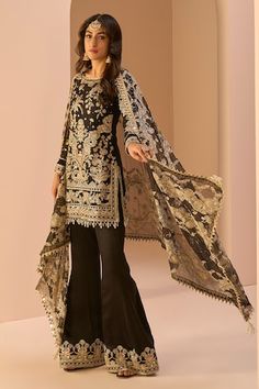 Black kurta with zari, sequin, thread, stone embroidery in floral pattern. Paired with border embroidered flared pant and cutwork border embroidered dupatta. - Aza Fashions Stone Embroidery, Black Kurta, Women Kurta, Embroidered Dupatta, Straight Kurta, Silk Embroidery, Set Women, Full Sleeves, Cut Work