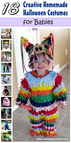 a young child wearing a costume made out of strips of colored paper with a cat mask on it's head