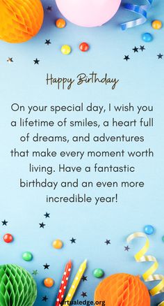 a birthday card with balloons, streamers and confetti on blue paper background