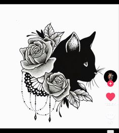 a black cat with roses on it's chest and an arrow in the middle