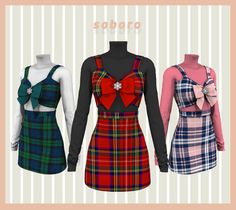 three different plaid dresses with bows on the front and back, all in different colors