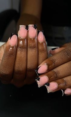 Short frenchies with bling🫶🏽 #nails #nailart #nailsofinstagram Short Birthday Nails Black, Short Nails Bow Design, Nails For Volleyball Players, Nails For Volleyball, Chrome Nails Short Square, Nails Bow Design, Chrome Nails Short, Short Frenchies, Shorties Nails