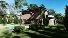 a house with a pool in the middle of it surrounded by trees and bushes, on a sunny day