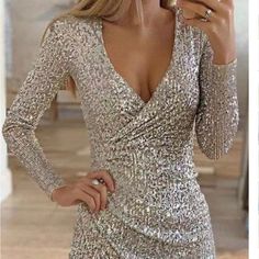 Brand New Beautiful Silver Sequin Dress Nwot Elegant V-neck Bodycon Dress For Holiday Party, Winter V-neck Sequin Dress, Elegant Sequin V-neck Dress For Fall, Elegant V-neck Sequin Dress For Holiday Party, Elegant V-neck Sequin Dress, Chic Fitted Sequin V-neck Dress, Chic Fitted V-neck Sequin Dress, Elegant Spring Bodycon Dress For Holiday Party, V-neck Mini Dress For Winter Dinner