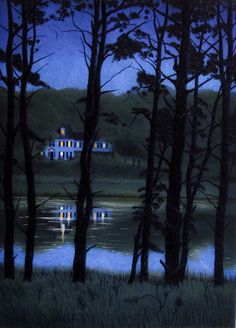 a painting of some houses by the water at night with trees in front of them