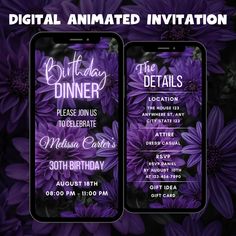 two purple flowers with the words birthday dinner on them are displayed in front of an iphone screen