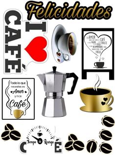 various coffee related stickers and decals on a white background with the words felicidades written in spanish