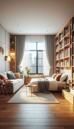 a living room filled with lots of furniture and bookshelves next to a window