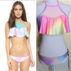 Nwt Wildfox Lg Pastel Rainbow Flounce Mesh Bikini Top Bottom #90122 Wildfox Rainbow Paste Mesh Halter Bikini Large New With Tags- Bottom Has Hygienic Liner In Place Mesh Halter With Tie Bak Hipster Bottom Has 2 Open Straps On Each Hip Return Policy. We Want You To Be Happy With Your Item! If You Receive Your Item And It Doesn't Fit, Or Is Not What You Wanted, All We Ask Is That You Return It Within 30 Days, In The Condition We Sent It To You In. Please Do Not Wash Or Remove The Tags. We Attach A Fitted Halter Top For Sunbathing In Summer, Summer Multicolor Halter Neck Tankini, Multicolor Halter Neck Tankini For Summer, Fitted Halter Top For Pool In Summer, Fitted Halter Top For Summer Pool, Beachy Halter Top For Summer Swimming, Fitted Multicolor Tankini For Summer, Multicolor Halter Top For Spring Pool Time, Multicolor Halter Top For Spring Pool Days